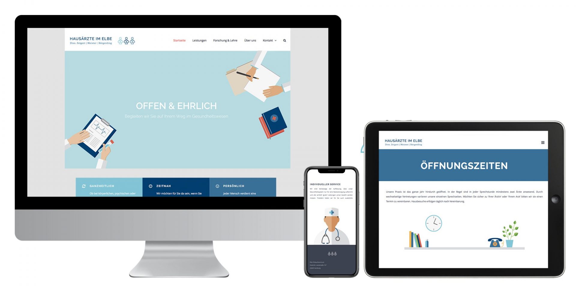 Darstellung der Website der Hausärzte im Elbe auf Desktop, Mobile und Tablet