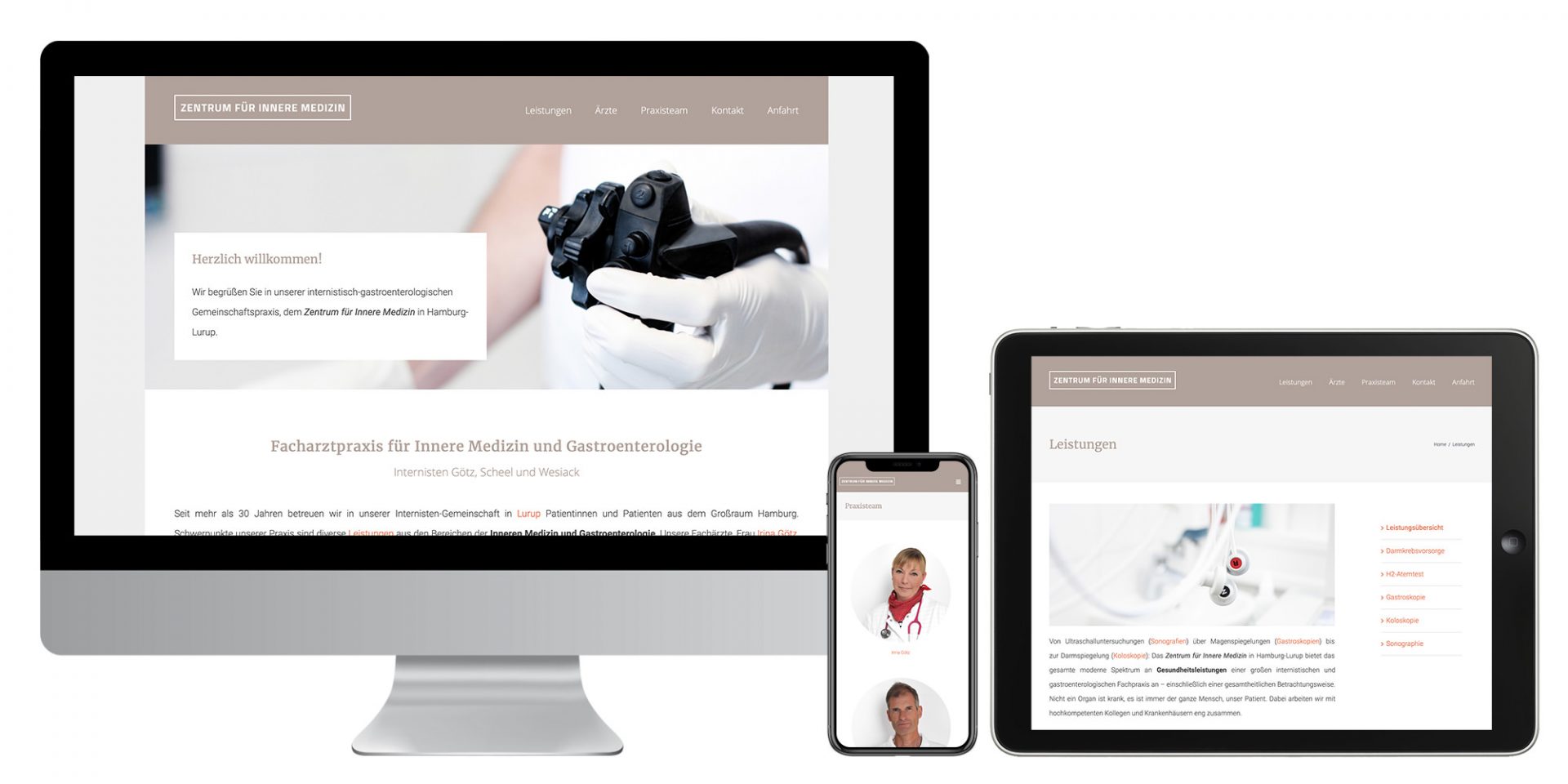 Abbildung der Website für das Zentrum für Innere Medizin und Gastroenterologie auf Desktop, Mobile und Desktop